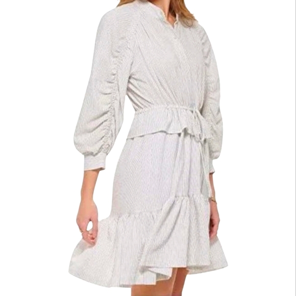 NEW Calvin Klein Tie Waist Ruched Sleeve Seersucker Shirtdress - Picture 2 of 8